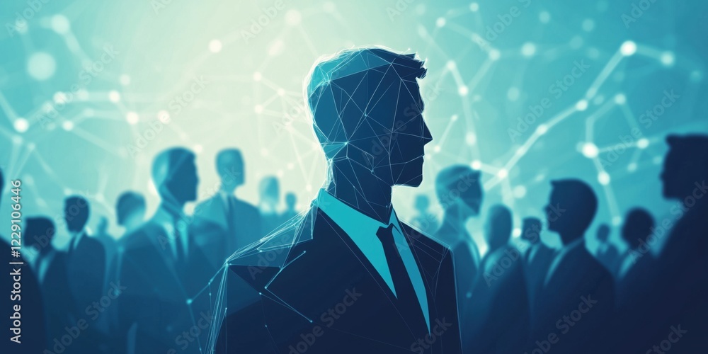 Silhouette of Businessman in Networked Crowd, Abstract Representation of Professional Connections and Digital Communication Silhouette of Businessman in Networked Crowd, Abstract Representation of Professional Connections and Digital Communication