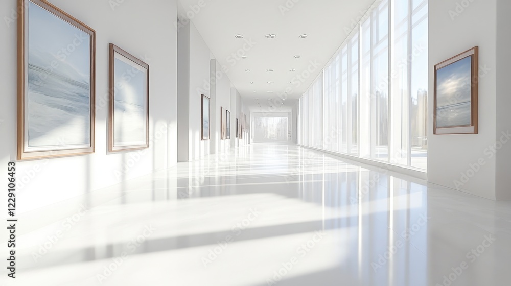 Obraz premium A bright, minimalist art gallery hallway with large, clean walls ready for display.