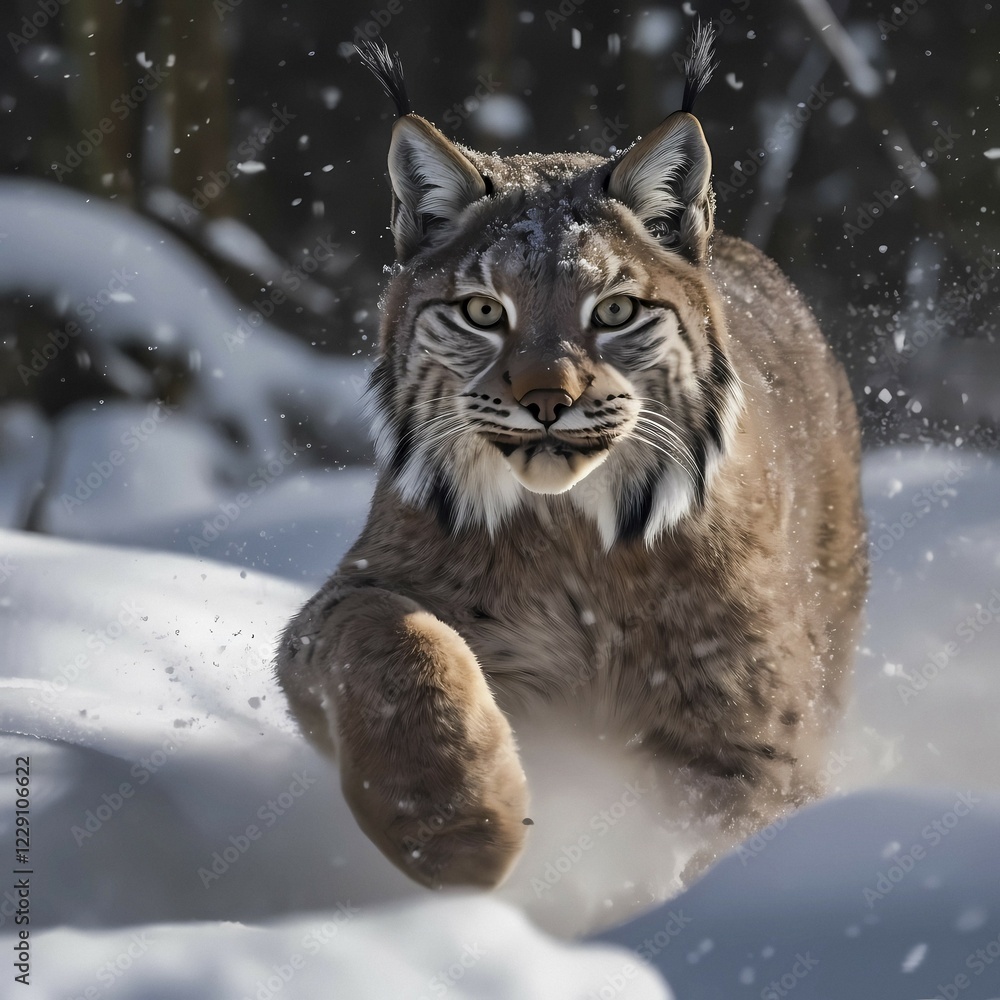 Lynx (Lynx Lynx) in a wintry setting in the forest, with snowfall, ai generated Lynx (Lynx Lynx) in a wintry setting in the forest, with snowfall, ai generated