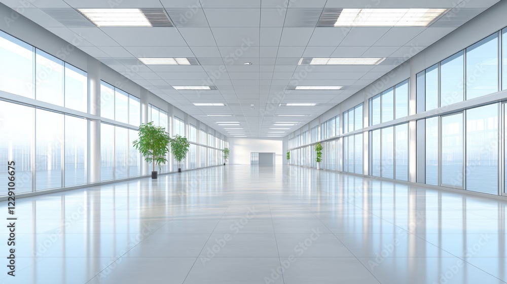 A clean and minimalist hall featuring white walls and large glass windows allowing natural sunlight. A clean and minimalist hall featuring white walls and large glass windows allowing natural sunlight.