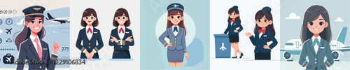 vector set of beautiful flight attendant characters