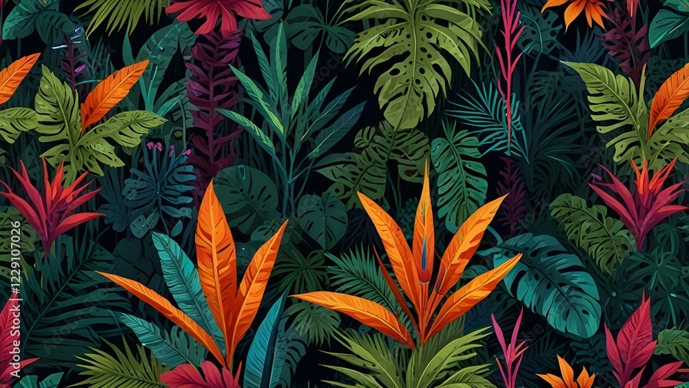 tropical pattern with jungle vegetation and exotic fauna in bright colors Generative AI
tropical pattern with jungle vegetation and exotic fauna in bright colors Generative AI
