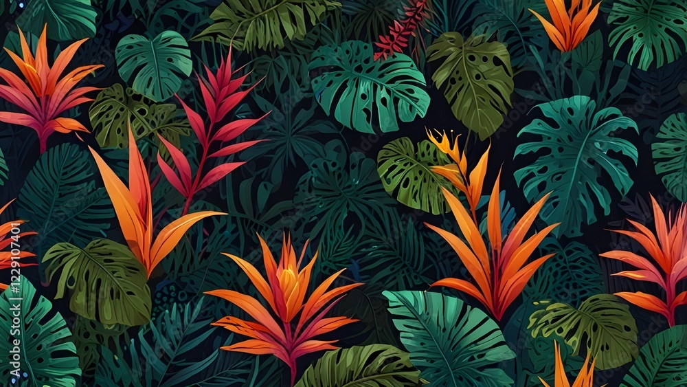tropical pattern with jungle vegetation and exotic fauna in bright colors Generative AI
tropical pattern with jungle vegetation and exotic fauna in bright colors Generative AI