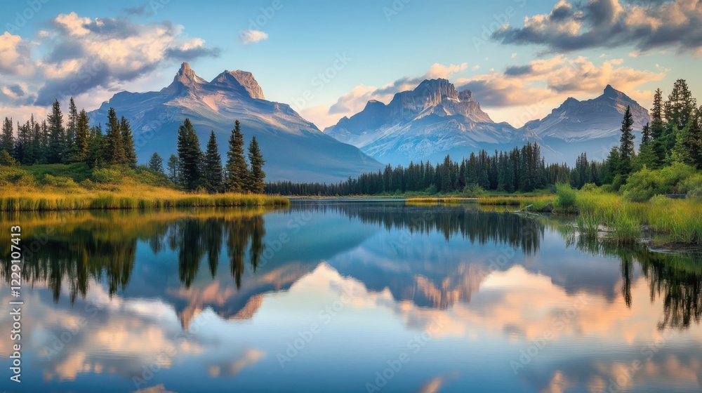A calm lake reflects surrounding mountains, trees, and the sky above, creating a peaceful scene with soft hues of blue and green A calm lake reflects surrounding mountains, trees, and the sky above, creating a peaceful scene with soft hues of blue and green