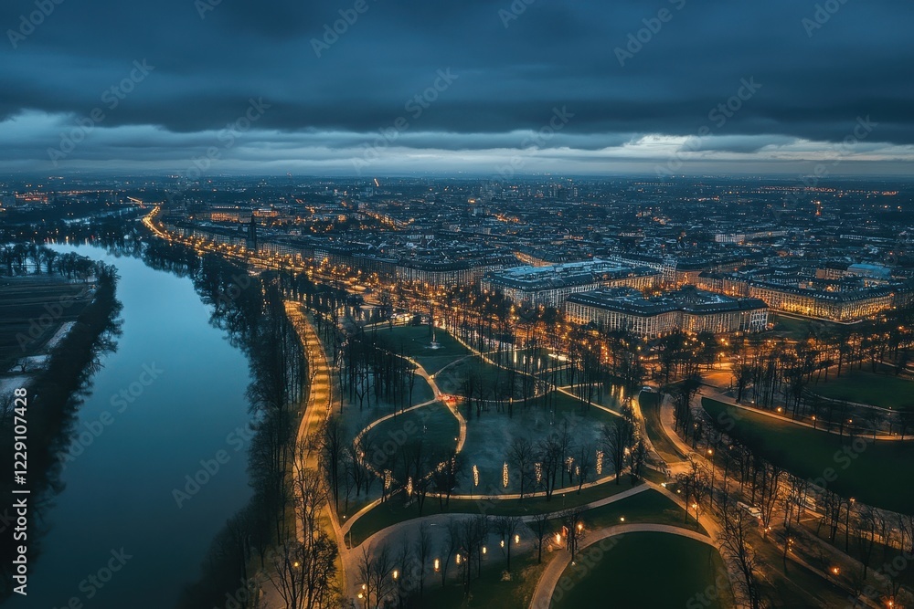 Fototapeta premium Aerial view of Ludwigsburg Germany showcasing evening lights along the river, Aerial view of Ludwigsburg in germany before Christmas on a cloudy afternoon in December