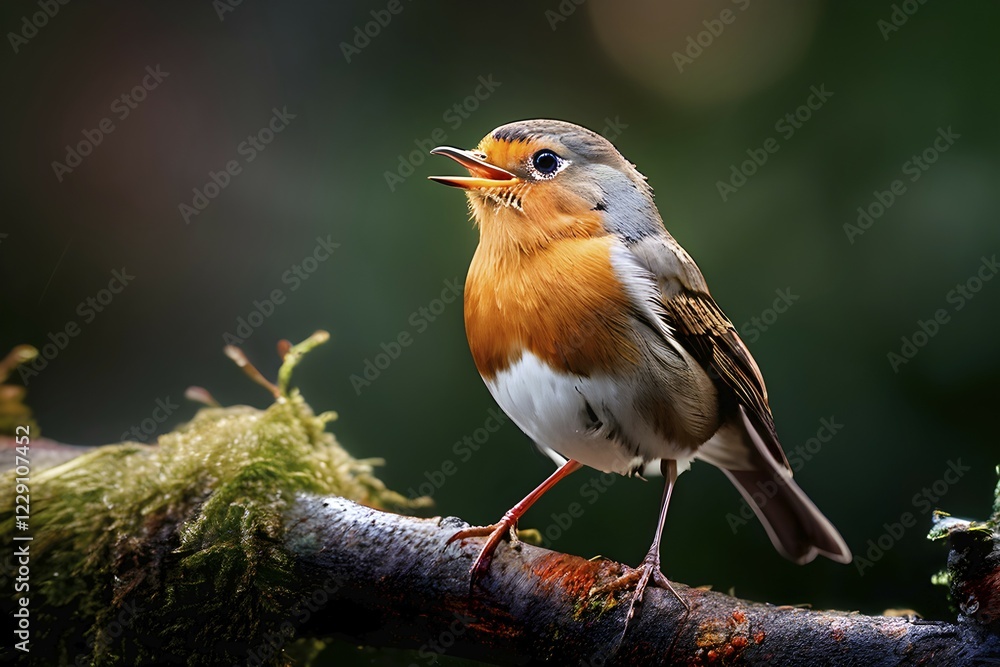 European robin perched on a thin branch, singing, AI generated European robin perched on a thin branch, singing, AI generated