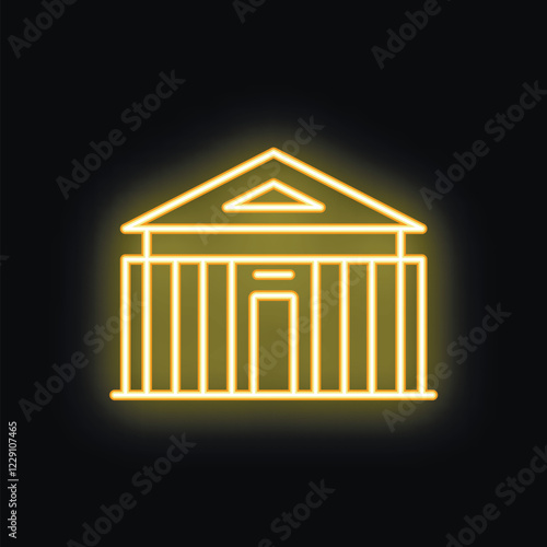 Bright yellow neon sign illuminating a classical building against a dark background