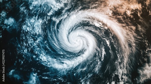 A powerful hurricane forming over the ocean, captured from a satellite view with detailed swirling clouds.