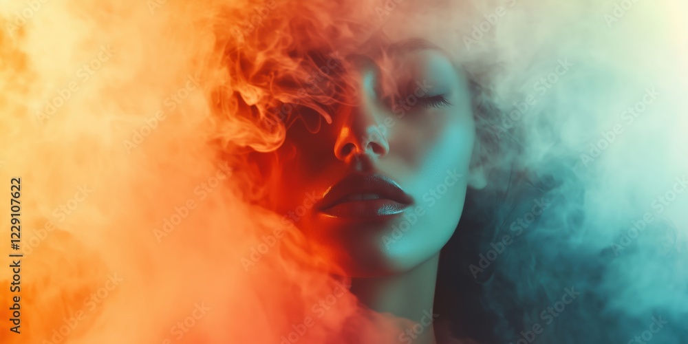 Mysterious woman shrouded in colorful smoke, ethereal beauty, captivating expression, vibrant hues of orange and blue, soft lighting, artistic portrait Mysterious woman shrouded in colorful smoke, ethereal beauty, captivating expression, vibrant hues of orange and blue, soft lighting, artistic portrait
