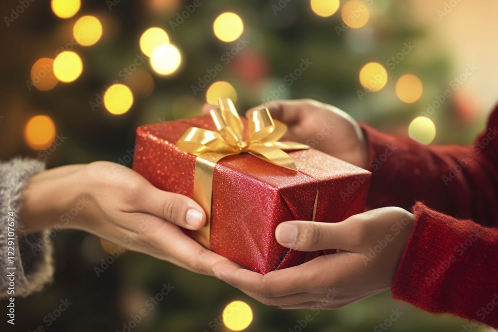 Gift giving concept. Hands holding Christmas present with blurry tree in background. KI generiert, generiert AI generated Gift giving concept. Hands holding Christmas present with blurry tree in background. KI generiert, generiert AI generated