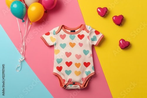 Colorful baby onesie with hearts on a vibrant background.