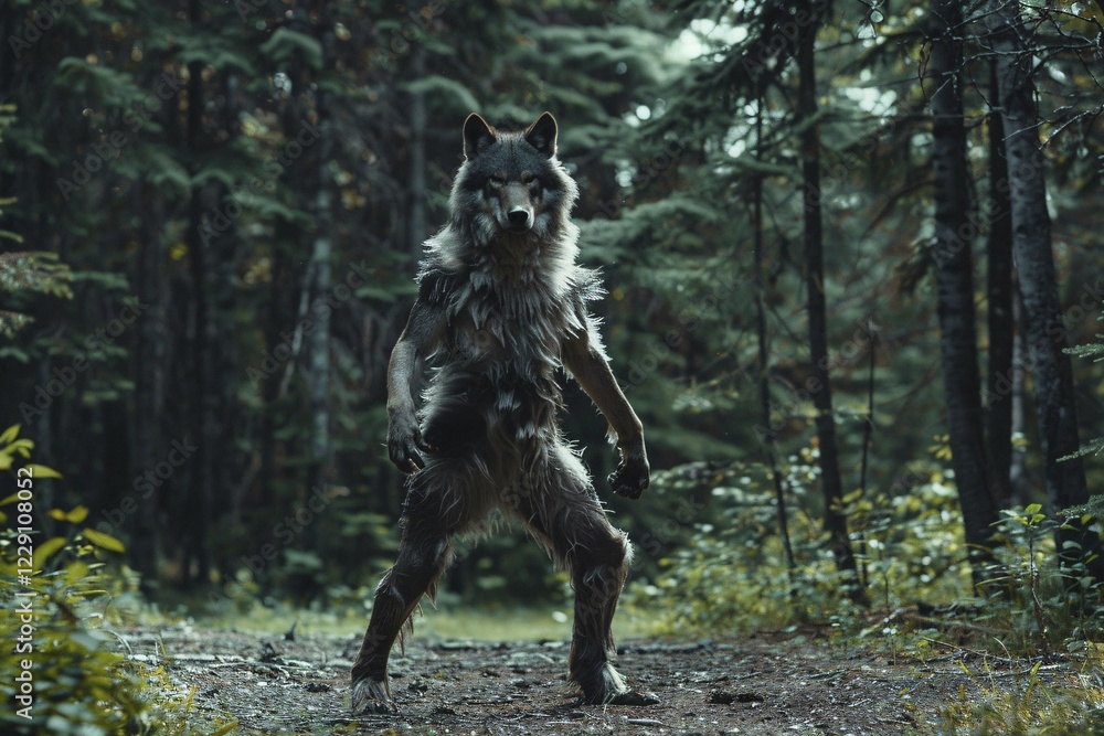 Scary werewolf creature standing on two legs in forest. Generative Ai, AI generated Scary werewolf creature standing on two legs in forest. Generative Ai, AI generated