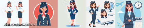 vector set of beautiful flight attendant characters