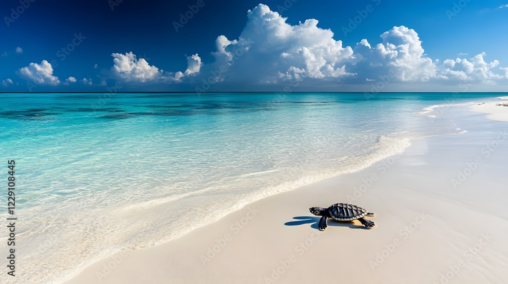 A baby turtle crawling toward the ocean, surrounded by white sand A baby turtle crawling toward the ocean, surrounded by white sand