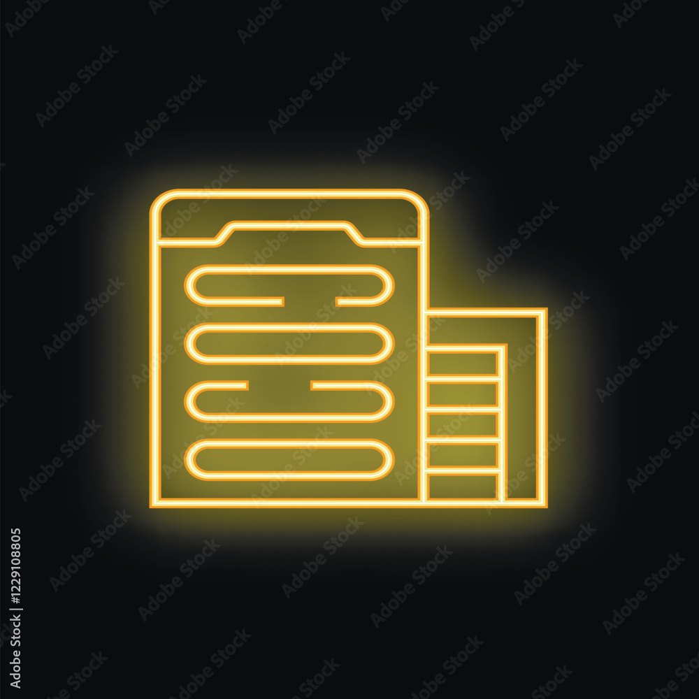 Yellow neon icon of a multi storey building glowing on a black brick wall Yellow neon icon of a multi storey building glowing on a black brick wall