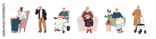 Elderly people set. Senior elder men, women sitting in armchair, wheelchair, walking with cane, walker. Old retired characters life, mobility. Flat vector illustration isolated on white background