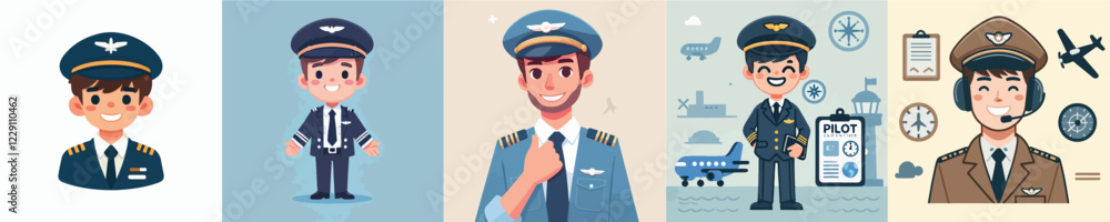 Set of smiling pilot character vectors
