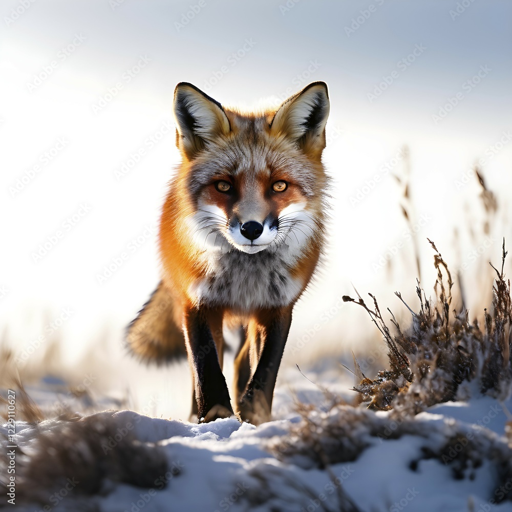 Obraz premium Red fox mid hunt front view on snow, AI generated