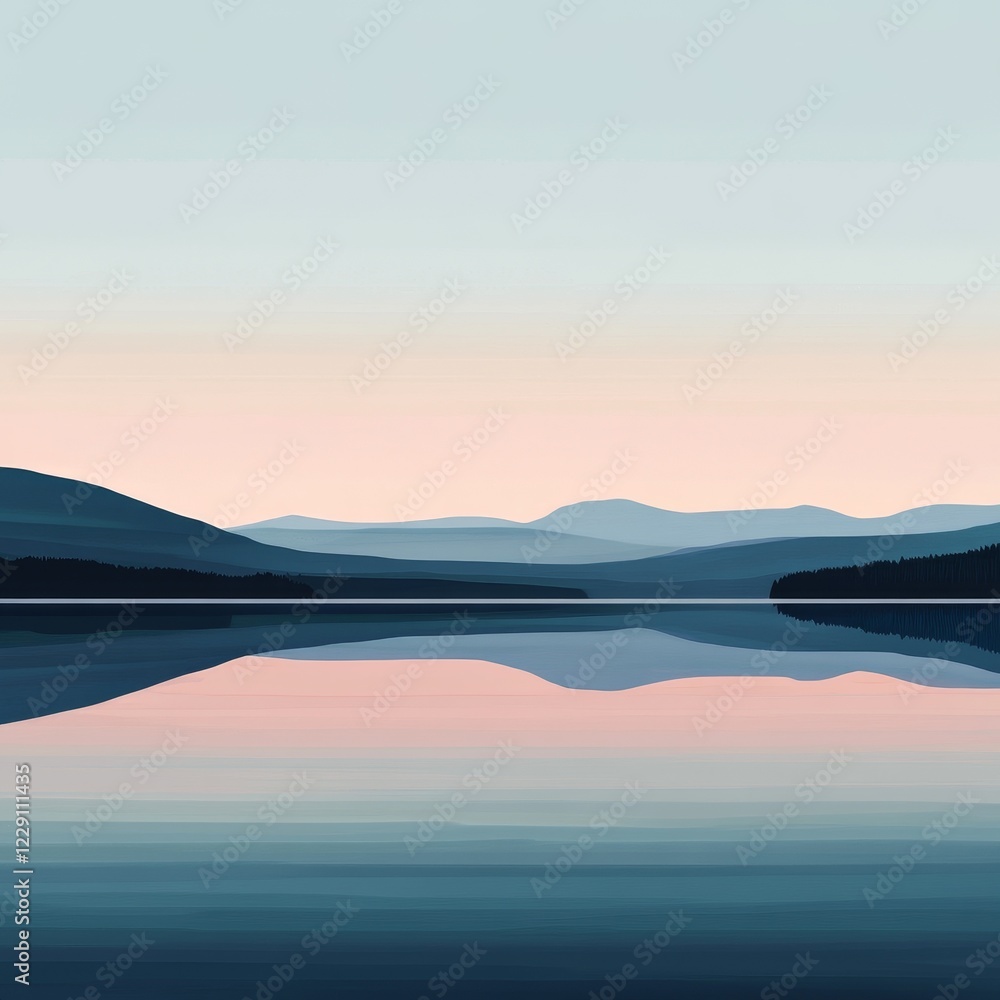 Fototapeta premium Serene Lakeside Sunrise Reflection Landscape Art