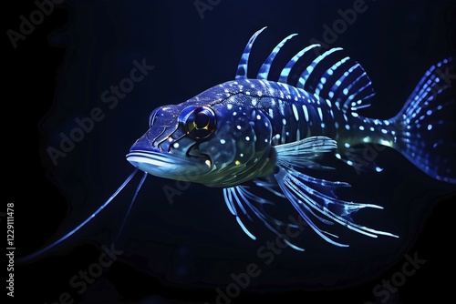 Viperfish swimming in deep ocean depths with bioluminescent spots emanating a ghostly luminescence, AI generated photo