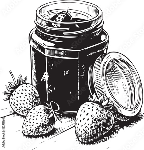 Strawberry Jam in Glass Jar Marmalade Homemade Sketch Drawing Linear Line Art Engraving Black and White Vector Illustration Isolated on White Background 