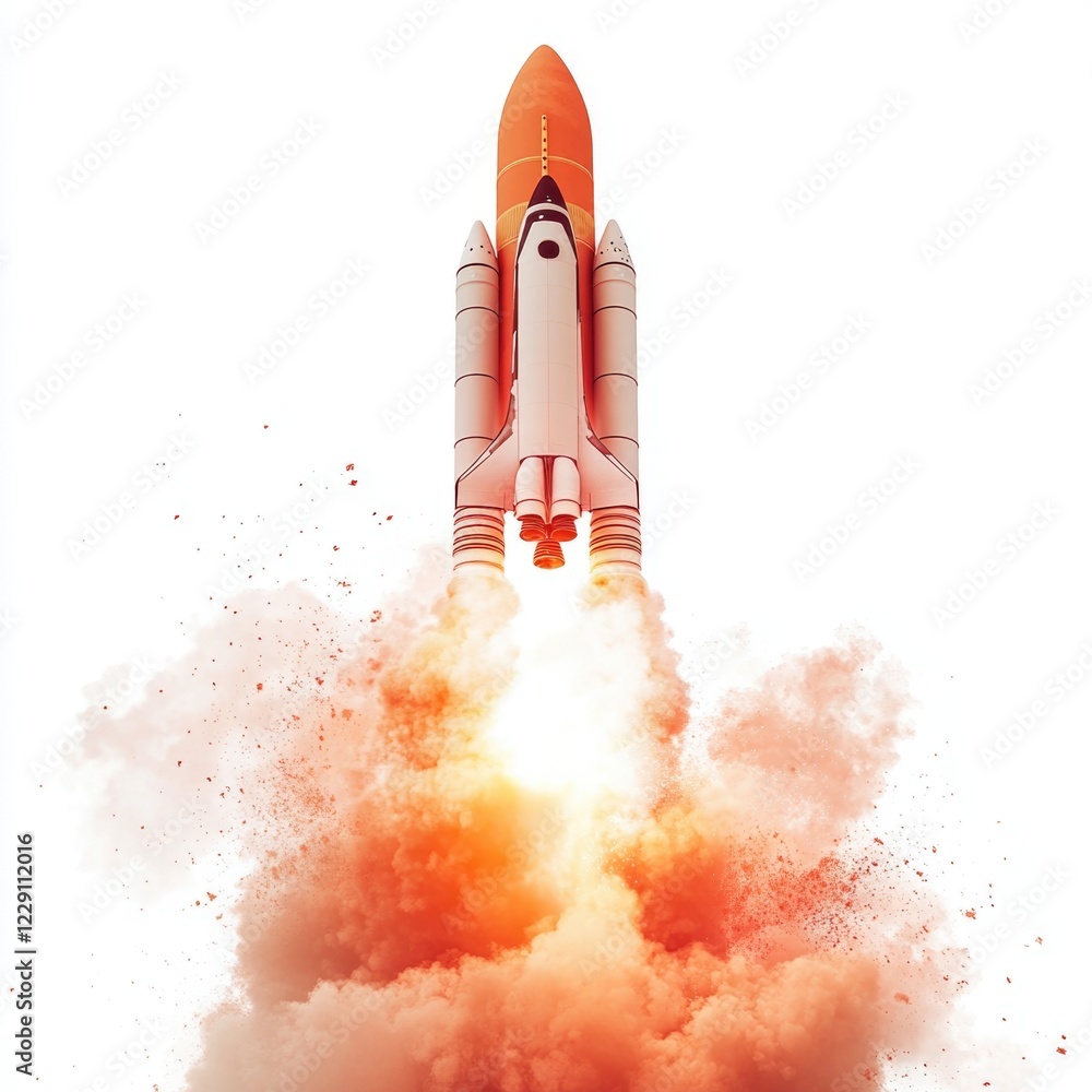 Naklejka premium A red rocket blasting off into the sky, with flames and smoke trailing behind