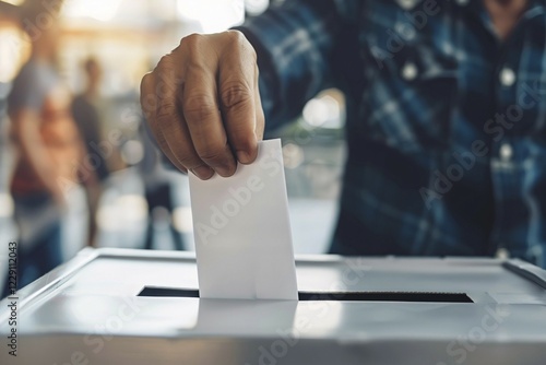 Ballot paper being put in box by man during election. Generative AI, AI generated