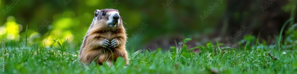 A small mammal stands upright in green grass, with alert expression