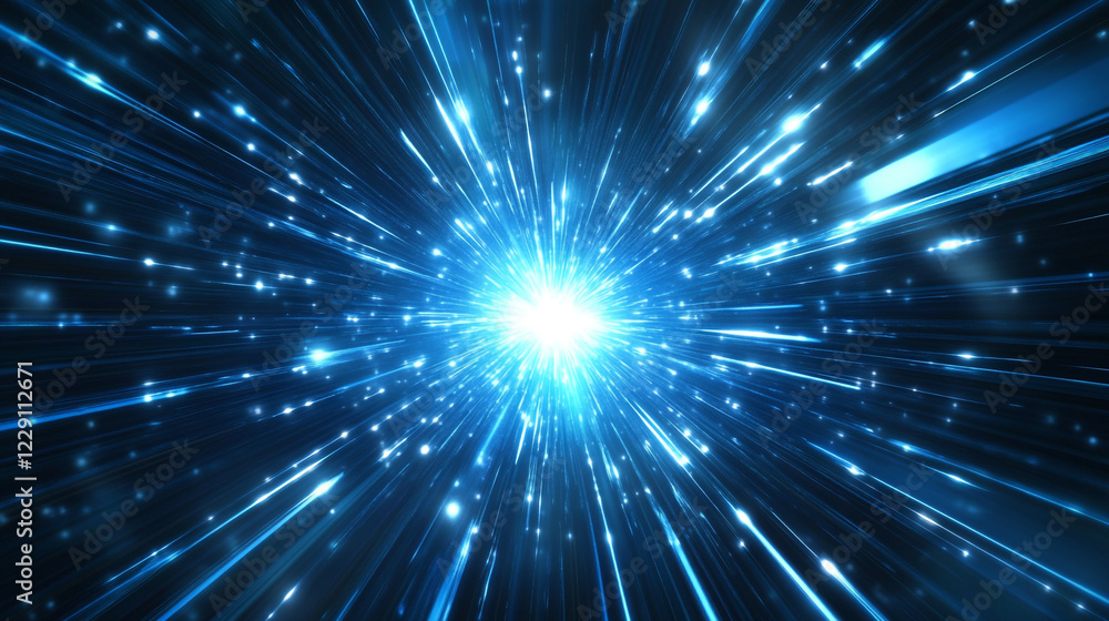 Hyperspace Tunnel: A Journey Through Light and Stardust, The image features radiant blue and white lines and particles converging towards a bright light source, Hyperspace Tunnel: A Journey Through Light and Stardust, The image features radiant blue and white lines and particles converging towards a bright light source,