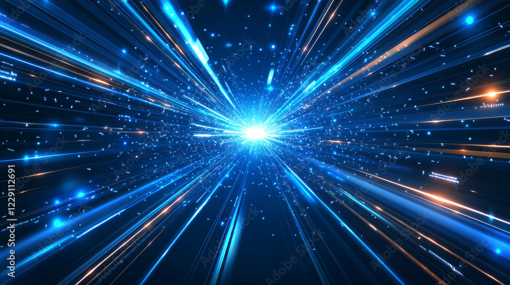 Fototapeta premium Sparkling Crystal Effects on Deep Blue or Black Background, Stunning abstract light burst with vibrant blue rays, creating a sense of energy and movement 