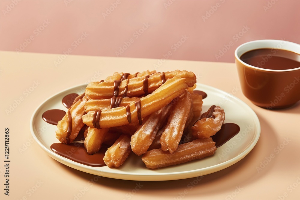Fried Churros with choclate sauce on plate. KI generiert, generiert AI generated Fried Churros with choclate sauce on plate. KI generiert, generiert AI generated
