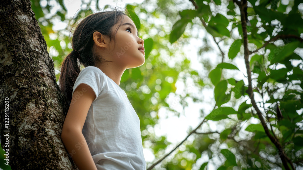young girl in white T shirt stands on tree, gazing thoughtfully into distance amidst lush green foliage, evoking sense of wonder and connection with nature