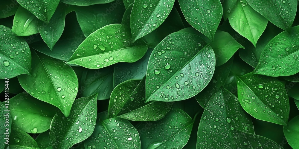 Fototapeta premium Lush Green Leaves with Water Droplets, Close-Up View of Nature's Beauty, Vibrant Textures and Shades of Green, Freshness and Vitality