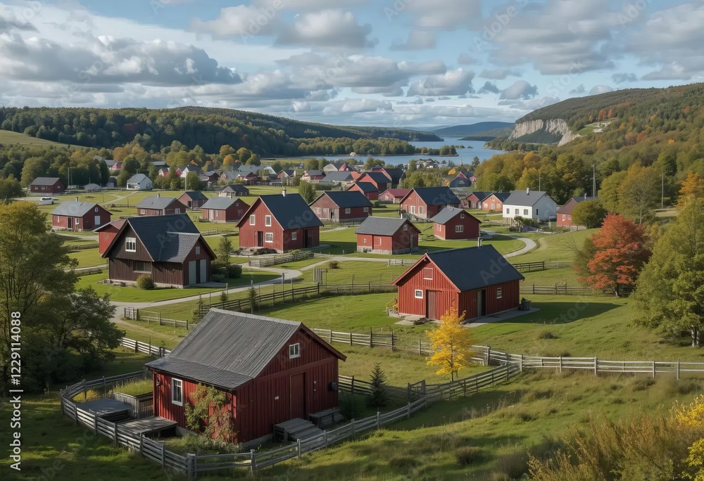 A scenic landscape featuring red houses in a Swedish village A scenic landscape featuring red houses in a Swedish village