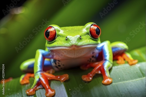 Red eyed tree frog lounging atop a tropical leaf, AI generated photo