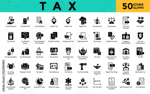 Tax icons set with tax declaration, tax write off, tax certificate, import tax, export tax, digital tax, tax amnesty, tax dispute, tax form checklist, tax treaty icon. Simple glyph vector 
