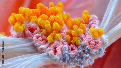 Vibrant structures of a hairy bacterium are observed under a microscope, showcasing bright colors and complex shapes
