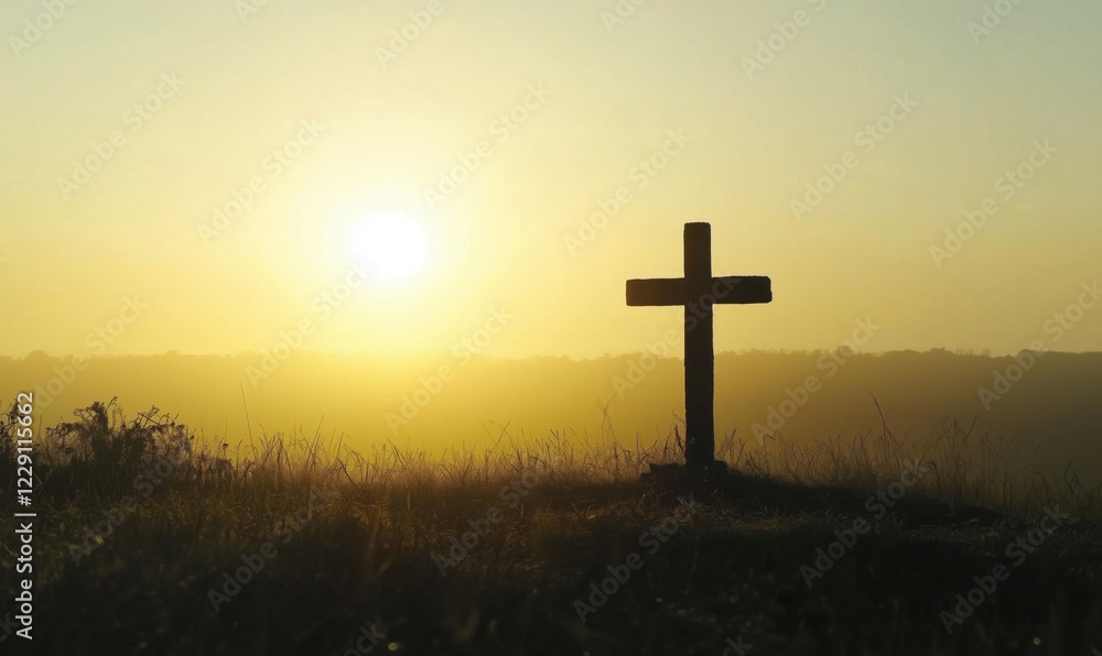 Silhouette of Cross Against Sunrise in Serene Landscape, Symbolizing Faith and Hope Silhouette of Cross Against Sunrise in Serene Landscape, Symbolizing Faith and Hope