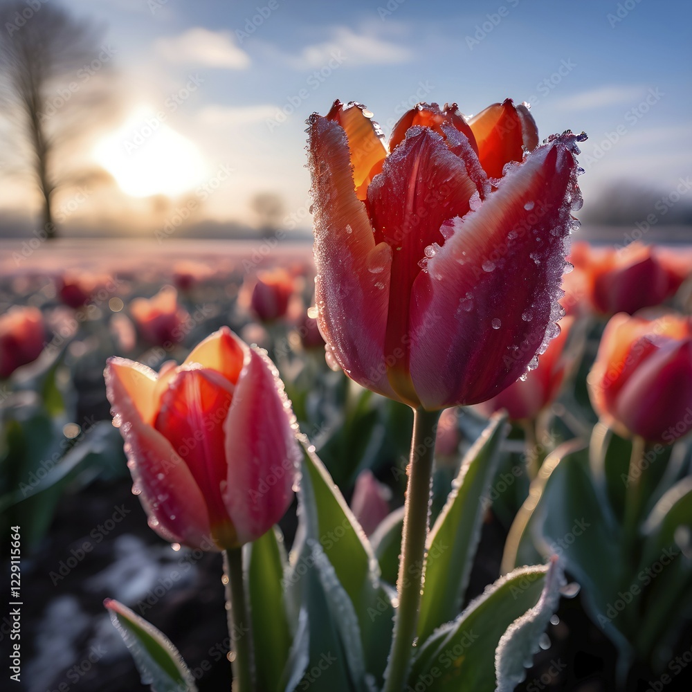 Naklejka premium Tulip field on a frosty morning delicate petals encapsulated in fine ice embodying springs, AI generated