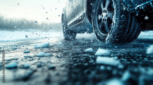 car slipping uncontrollably on icy road, showcasing dangers of winter driving. scene captures icy conditions and vehicle struggle for traction