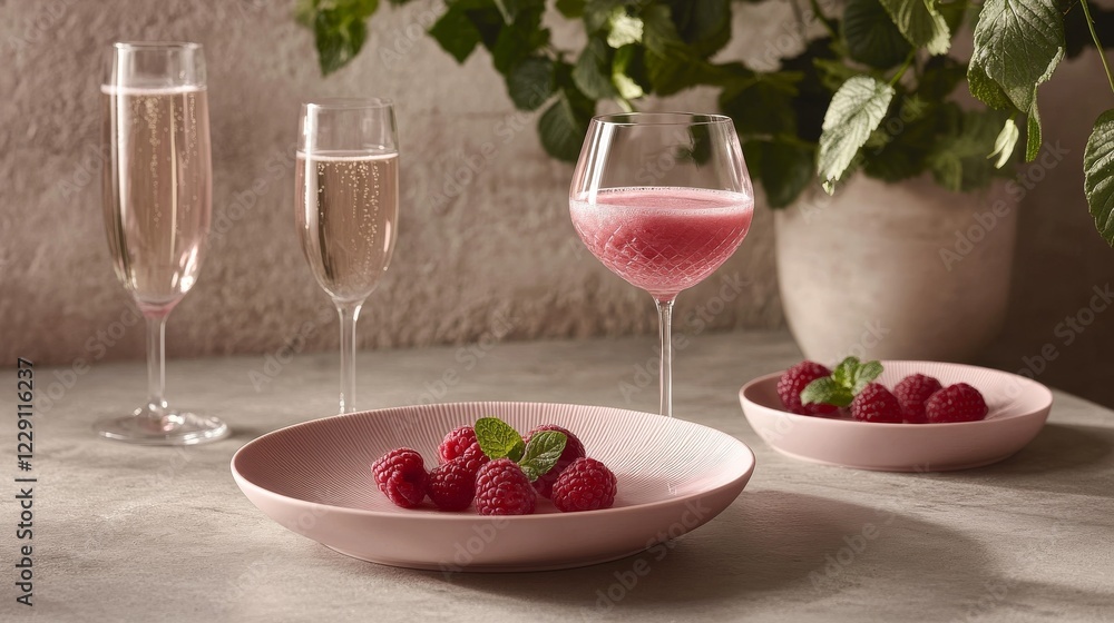 Elegant table setting with fresh raspberries and sparkling beverages for a delightful gathering Elegant table setting with fresh raspberries and sparkling beverages for a delightful gathering
