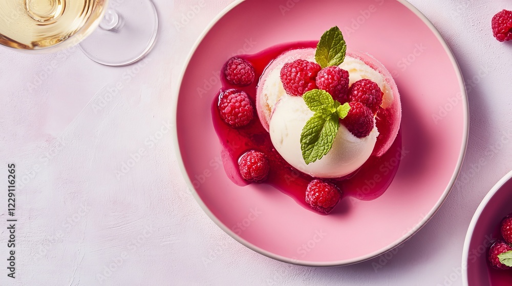 Delicious raspberry dessert served on a pink plate with fresh mint leaves and a glass of sparkling wine Delicious raspberry dessert served on a pink plate with fresh mint leaves and a glass of sparkling wine