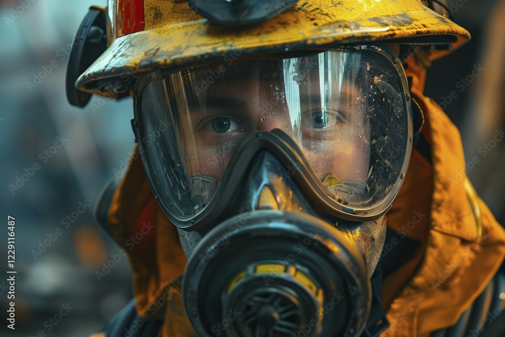 Fototapeta premium Face of young male firefighter with helmet. Generative Ai, AI generated