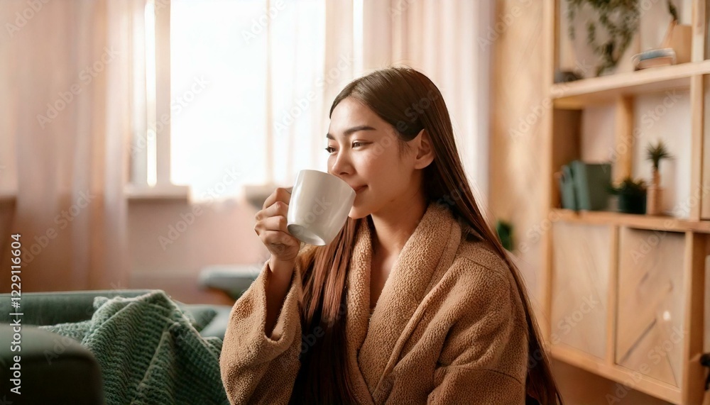リビングでコーヒーを飲んでくつろぐ女性 リビングでコーヒーを飲んでくつろぐ女性