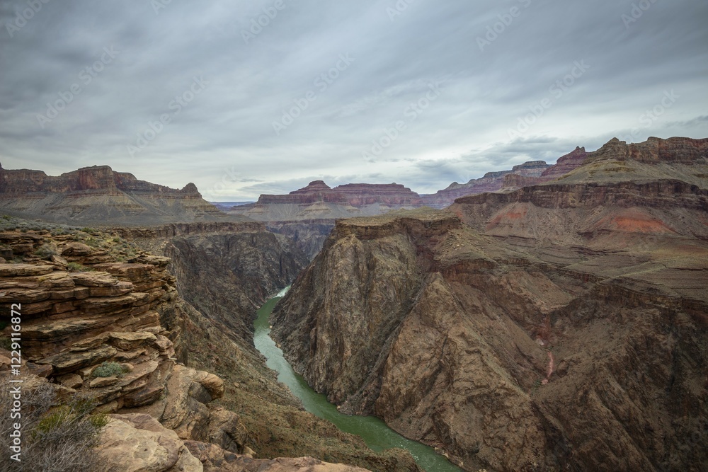 Fototapeta premium View from Plateau Point in the gorge of the Grand Canyon to the Colorado River, eroded rocky landscape, South Rim, Grand Canyon National Park, Arizona, USA, North America