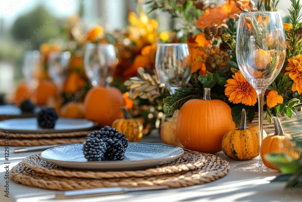 Fall themed dining setup featuring pumpkins, fresh flowers, and elegant tableware for a cozy gathering Fall themed dining setup featuring pumpkins, fresh flowers, and elegant tableware for a cozy gathering