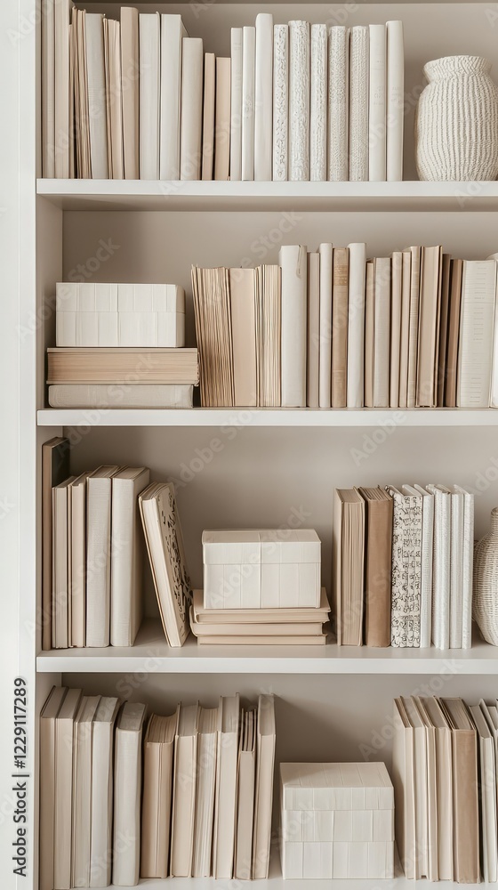 Neutral Toned Bookshelf with Various Textured Book Covers Neutral Toned Bookshelf with Various Textured Book Covers