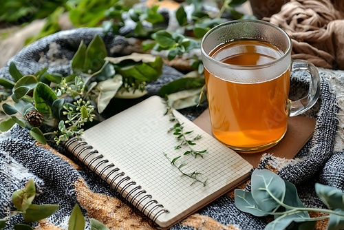 Wellness journal and a cup of herbal tea placed on a cozy blanket radiating self care and relaxation vibes photo