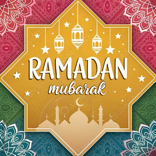 Ramadan Mubarak multi color  background , Ramadan Mubarak Poster Design with golden hanging lantern photo