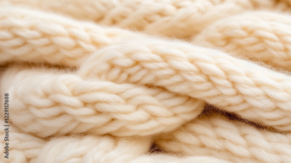 Close-up of cream-colored chunky knit fabric showcasing soft, woven texture and intricate braiding. Close-up of cream-colored chunky knit fabric showcasing soft, woven texture and intricate braiding.
